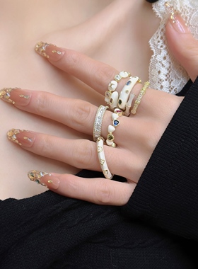 珐琅彩釉滴油流光白彩色宝石微镶锆石戒指女少女心时髦百搭食指戒