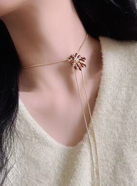 酒红色滴釉锆石烟花耳环项链女气质轻奢高级感精致抽拉锁骨链耳饰