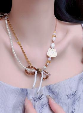 可爱系多元素蝴蝶结狗狗双层串珠项链女小众百搭度假拍照锁骨链