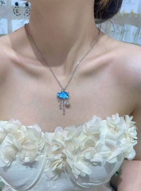 蓝色小云朵闪电土星流苏耳环项链小众个性甜酷少女气质耳饰锁骨链