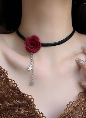 丝绒红玫瑰星星流苏项圈choker女法式优雅气质纯欲高级感锁骨链