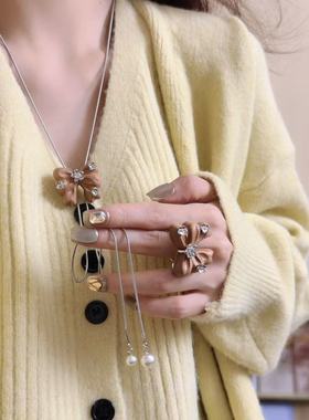 超闪锆石花朵木质蝴蝶结戒指项链女小众轻奢秋冬百搭长款毛衣链