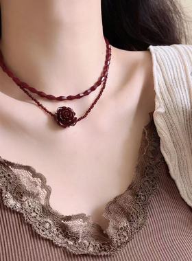浪漫红玫瑰串珠叠戴项链女本命年红色叠戴挂脖长链秋冬毛衣链项链