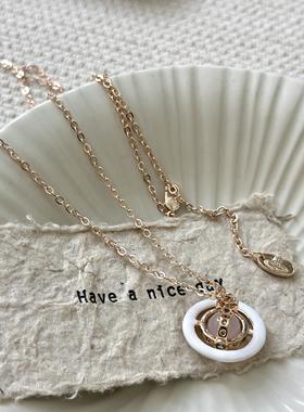 滴油立体白色烤漆土星飞碟奶粉色珠项链小众高级设计感甜美锁骨链