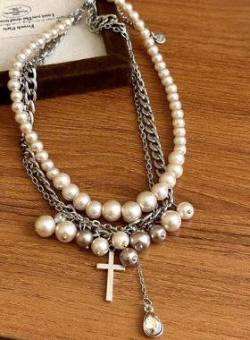 甜美轻奢香槟色珍珠十字架项链