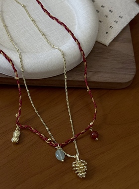 新中式天然石花生编织红绳流苏双层项链时尚气质高级感百搭锁骨链