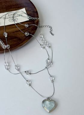 蓝色爱心十字架吊坠双层叠戴水晶串珠项链轻奢高级感时尚锁骨链