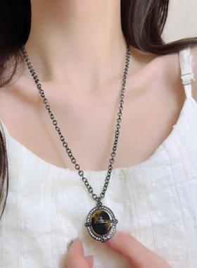 美拉德风复古虎眼石滴油土星项链