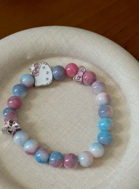 可爱甜美奶油风白色滴釉猫咪串珠弹力绳手链戒指小众童趣百搭手饰