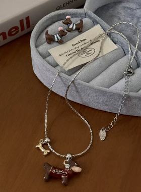 卡通滴釉腊肠狗耳钉项链女小众童趣可爱个性百搭耳饰锁骨链配饰