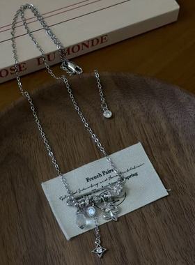 银色拉丝鸢尾花白水晶星芒吊坠别针项链女轻奢高级感锁骨链配饰