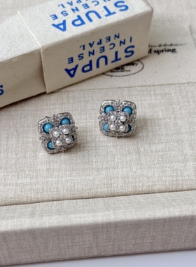 微镶锆石天然绿松石四叶花朵珍珠耳钉项链女小众轻奢气质锁骨链