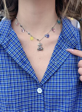 彩色多巴胺蝴蝶爱心甜酷小熊吊坠项链女小众甜美春夏百搭锁骨链