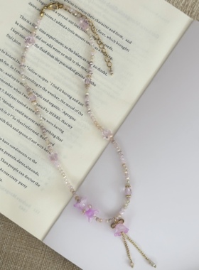 紫色铃兰花流苏碎石串珠项链女小众设计感清新甜美夏日百搭锁骨链