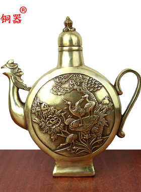 黄铜茶壶牡丹喜鹊登梅仙鹤工艺品