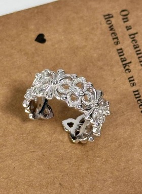 欧美小众设计风几何镂空四叶草戒指女复古ins镀银色镶钻开口指环