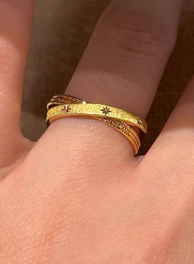 爆闪双层一体拉丝星芒戒指女小众设计百搭食指开口可调节指环气质