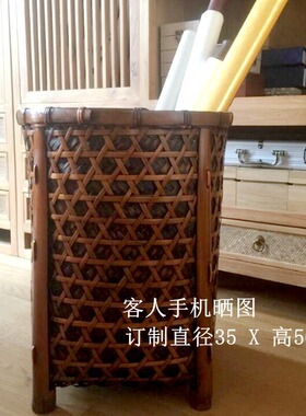 卷轴收纳筐防水防潮宣纸书桶复古色书房装饰画筒桶圆形竹筐字画筐
