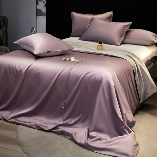 夏季天丝棉轻奢简约丝滑裸睡四件套纯色高端被套床单三件套2m床品 - 图0