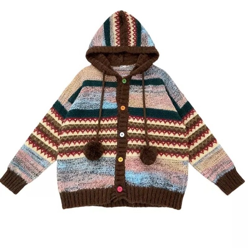 大码胖mm复古氛围感撞色条纹连帽针织开衫上衣女秋冬显瘦毛衣外套,淘宝优惠券,粉丝福利购,淘宝优惠卷