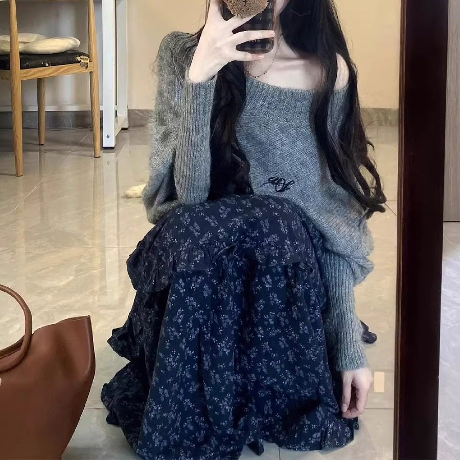 大码胖mm纯欲温柔风灰色一字肩针织衫毛衣碎花半身裙女秋冬两件套,淘宝优惠券,粉丝福利购,淘宝优惠卷