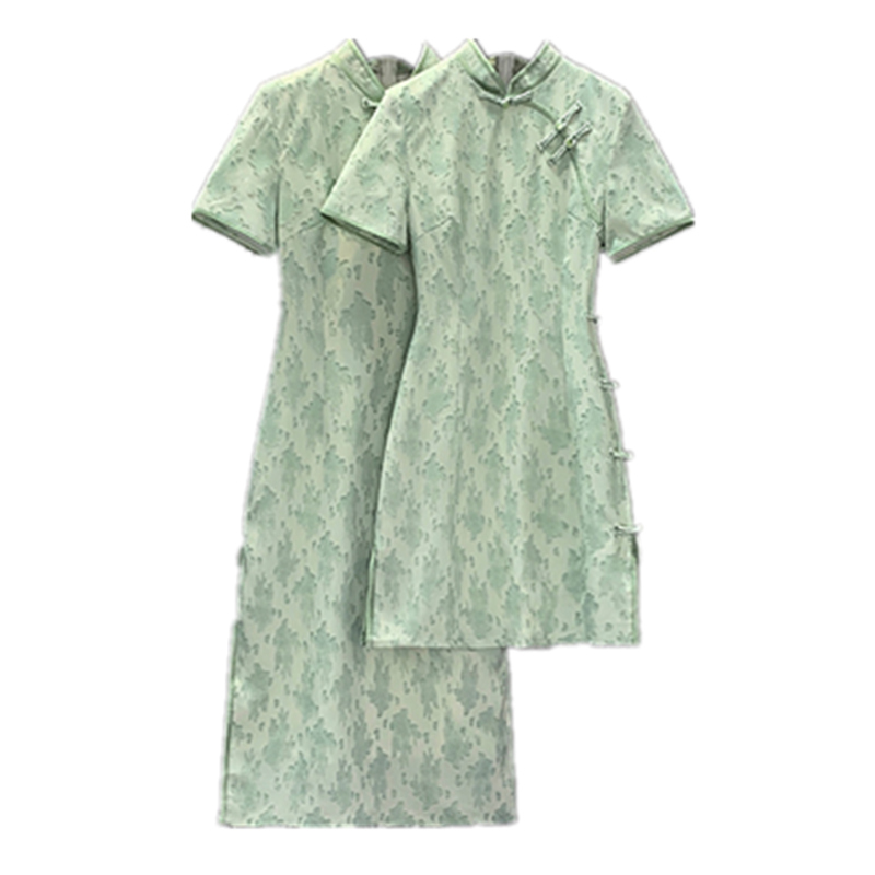 大码女装夏季新款纯欲复古立领绿色碎花旗袍连衣裙胖mm改良中长裙 - 图3