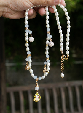 仿珍珠项链淡蓝色珠子项链