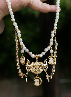 帝慕卿手作玉兔吊坠璎珞汉服项链