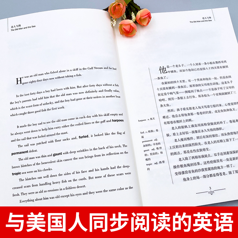 老人与海中英文双语版海明威原版诺贝尔文学奖世界文学名著中篇小说强大的信念顽强拼搏精神初高中学生学英语词汇短语用法丰富口语