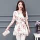 ເສື້ອຢືດແຟຊັນແຂນສັ້ນ floral chiffon ສໍາລັບແມ່ຍິງ Xia Xin plus size fat sister's wear mid-length chiffon top