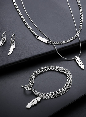 羽毛双层叠戴项链男个性高级百搭手链女时尚潮流耳环小众设计饰品