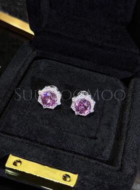 坠链均925银合成锆石 【紫气东来】时尚超闪紫色花朵耳钉 925通体