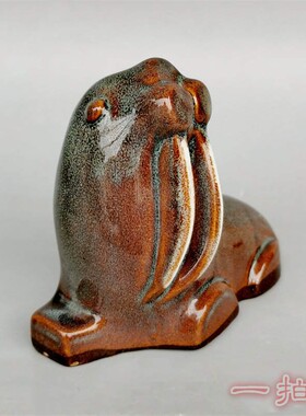 宜昌彩陶窑变花釉海象礼品收藏品出口老工艺品陶瓷器雕塑动物摆件