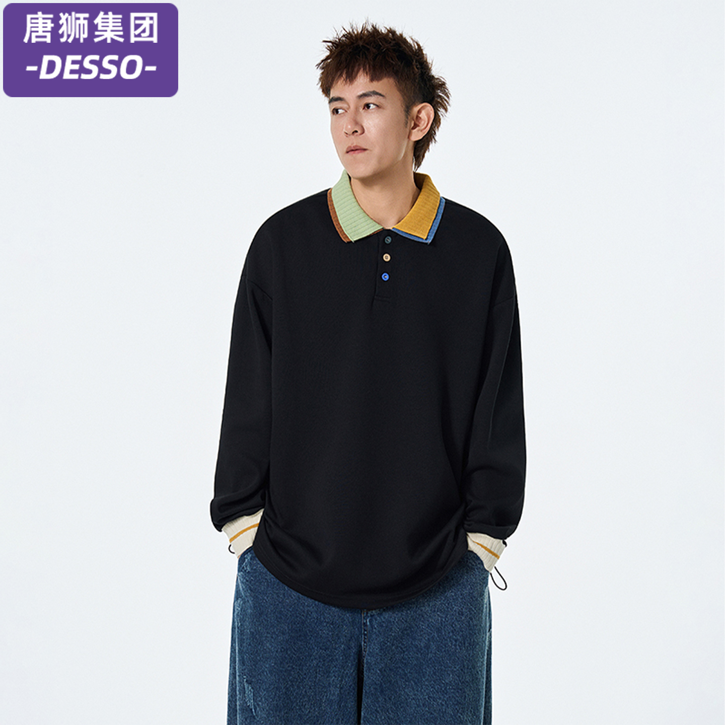 唐狮集团DESSO美式复古撞色拼接长袖T恤男春秋款潮牌宽松卫衣男女 - 图1