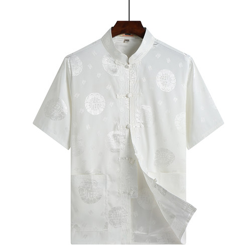 唐装男士短袖上衣 中式男夏季短袖大码中国风老人汉服衬衫爸爸装 - 图2