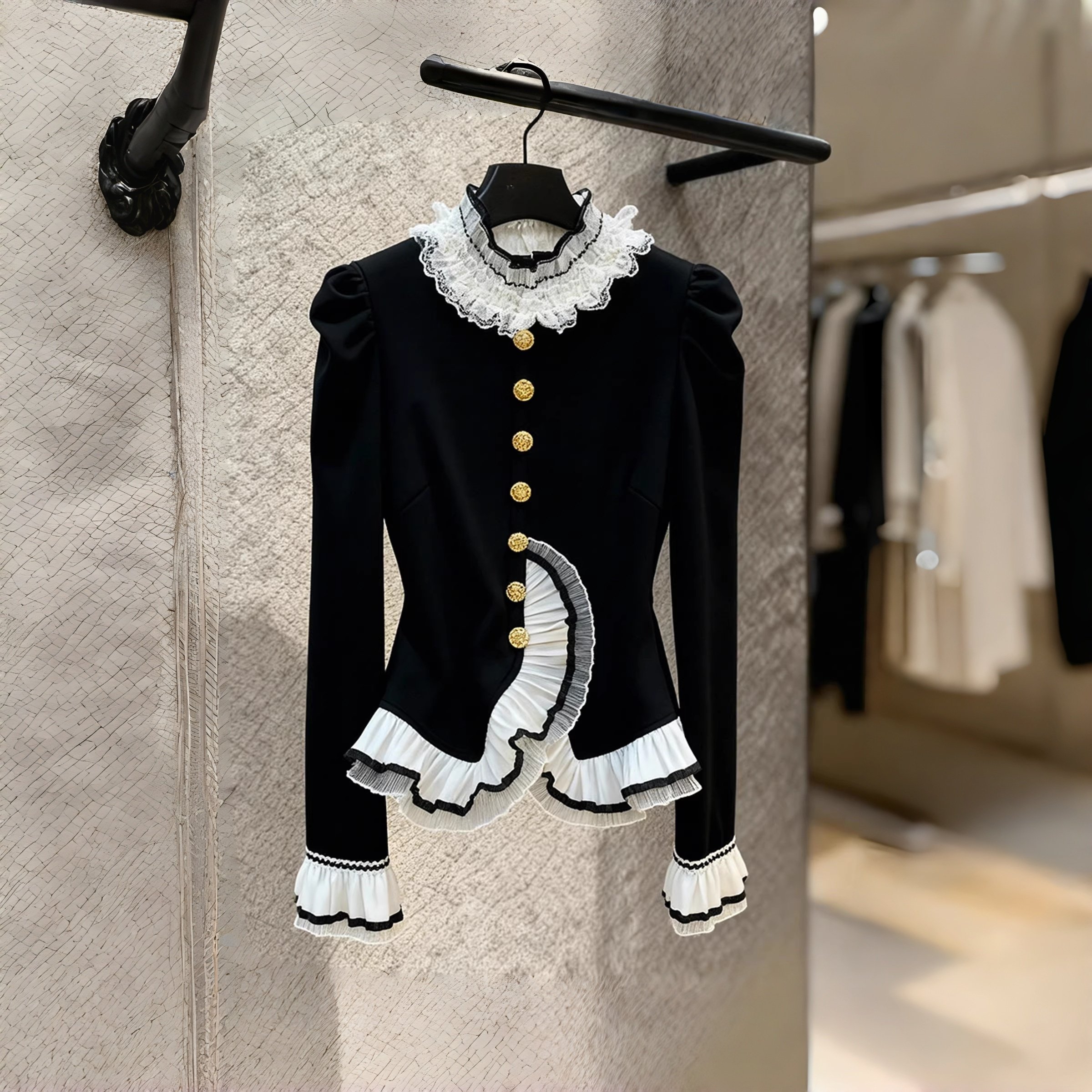 2026新年法式立领荷叶边衬衫女长袖蕾丝拼接撞色轻熟加绒保暖上衣,淘宝优惠券,粉丝福利购,淘宝优惠卷