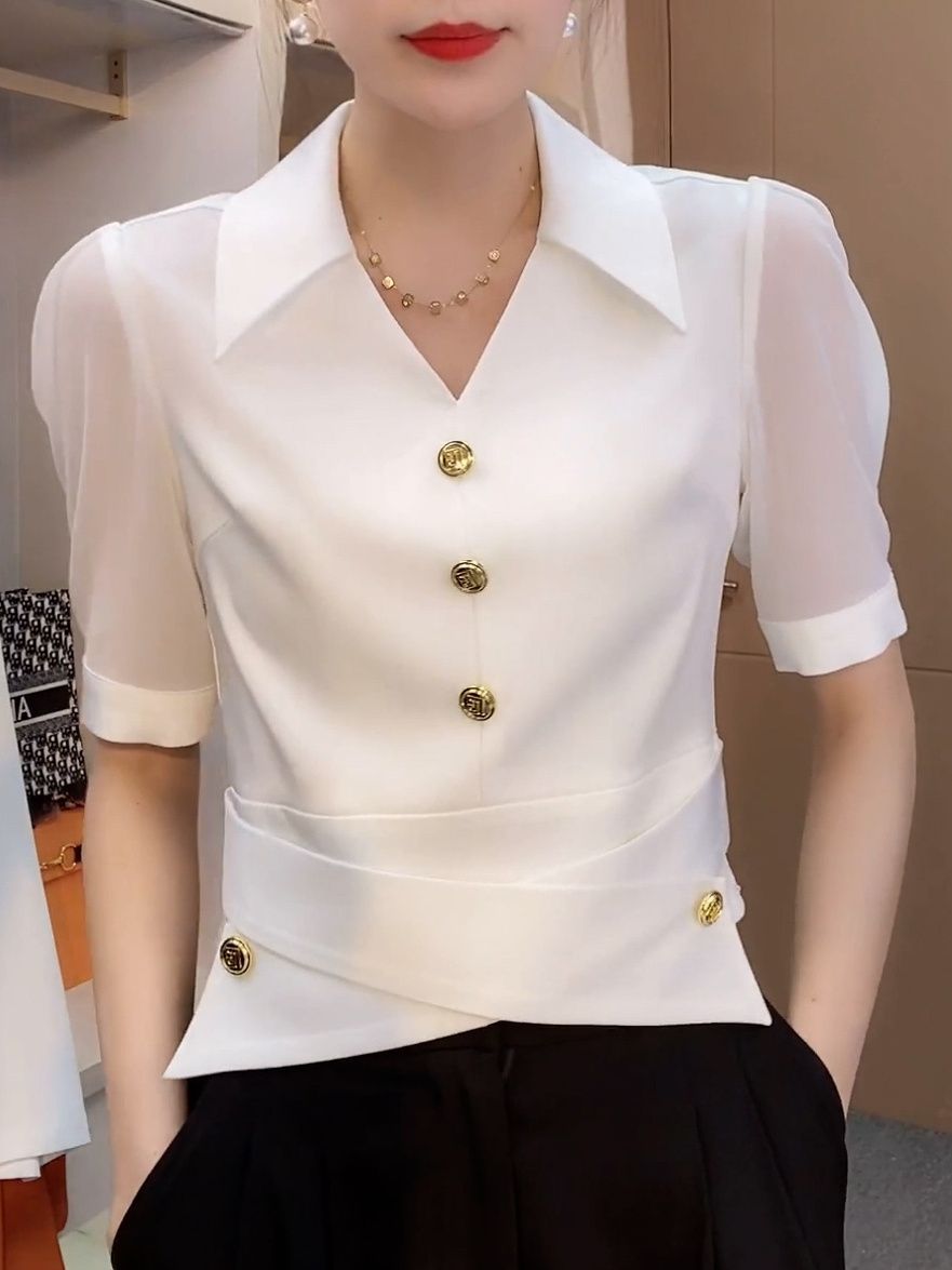 时尚简约Polo领短袖衬衫女2024夏季新款高档气质显瘦休闲百搭衬衣 - 图2
