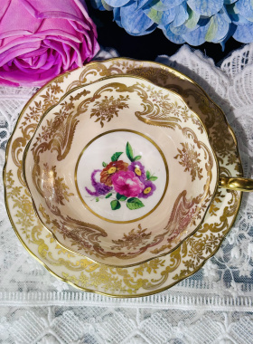 西洋古董 paragon 双狮肉色釉金蕾丝红色花束骨瓷咖啡杯碟 现货