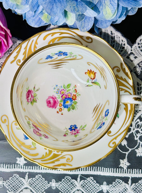 西洋古董 皇家切尔西 手绘金羽毛彩色花卉鎏金骨瓷咖啡杯碟 现货