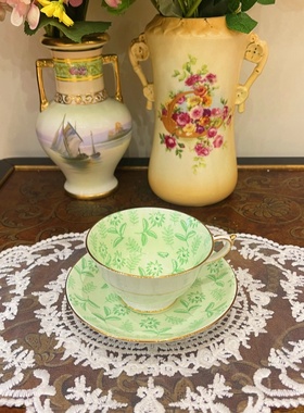 西洋古董 paragon 满花绿色手绘阔口鎏金骨瓷咖啡杯碟 现货