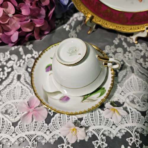 西洋古董 tuscan 手绘大花苞郁金香 双签名阔口骨瓷咖啡杯碟 现货 - 图2