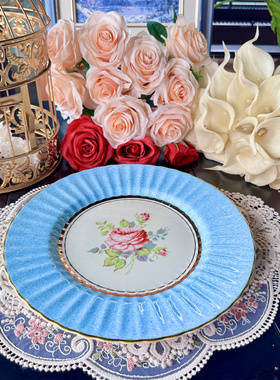西洋古董  老欧洲 全手绘蓝釉大理石纹大玫瑰珐琅彩金边赏盘 现货