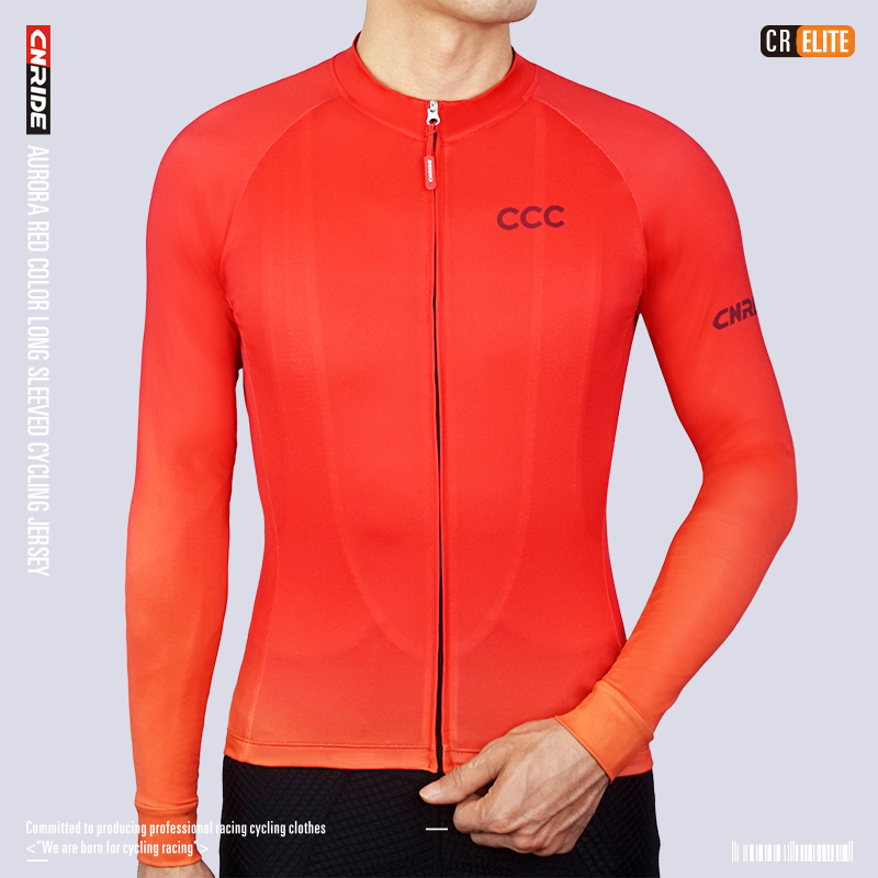 CNRIDE夏季新款极光橙红色超轻透气速干长袖上衣公路山地车骑行服