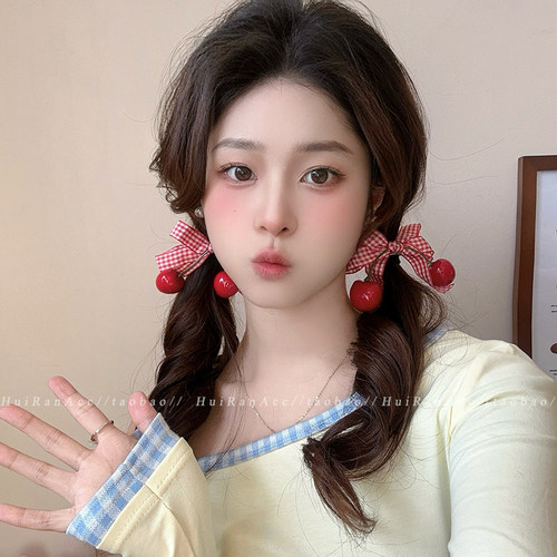 红色樱桃蝴蝶结发夹女2026新款格纹刘海碎发侧边夹子头饰新年发卡 - 图2