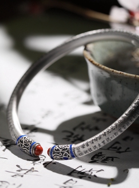 心经纯银足银女款南红复古民族风古法手镯子520送女友老婆礼物