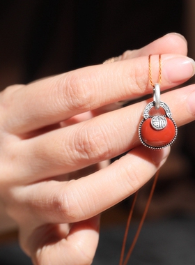 纯银福袋南红玛瑙项链锁骨链吊坠