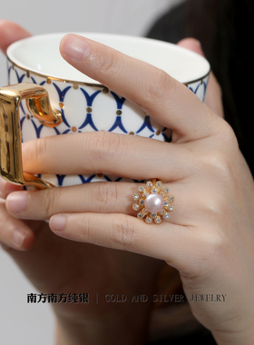 纯银珍珠复古风轻奢花朵戒指