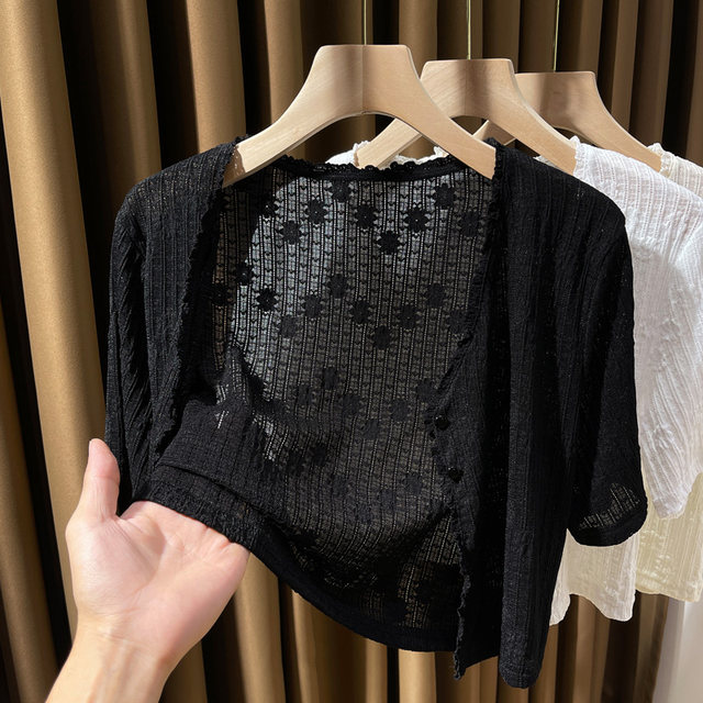 Cardigan ແຂນສັ້ນ lace ສໍາລັບແມ່ຍິງ summer shawl ບາງ ultra-ບາງ