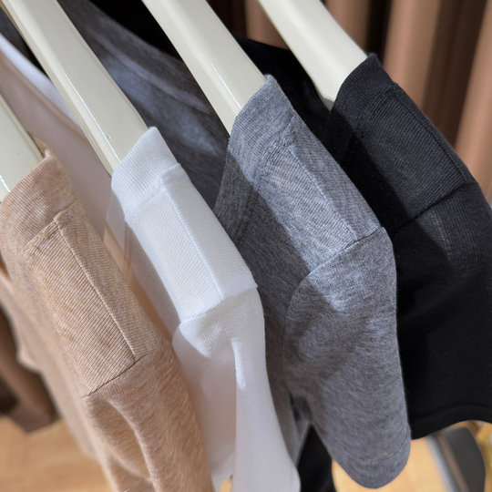 
White big round neck thin T-shirt for women in summer new style, slightly transparent ice silk knitted short-sleeved top, low collar, and base