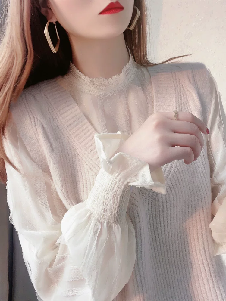Lace silk body-friendly autumn thin megaphone, sweater, french style, high collar